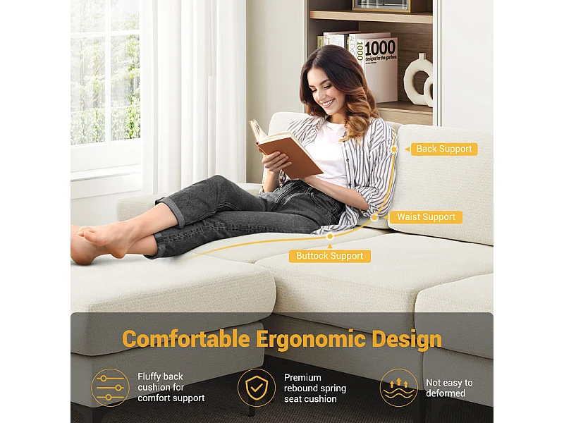 Canapé 3 places d'angle en chenille - avec pouf - charge max 650kg - 244x146x83cm - Beige