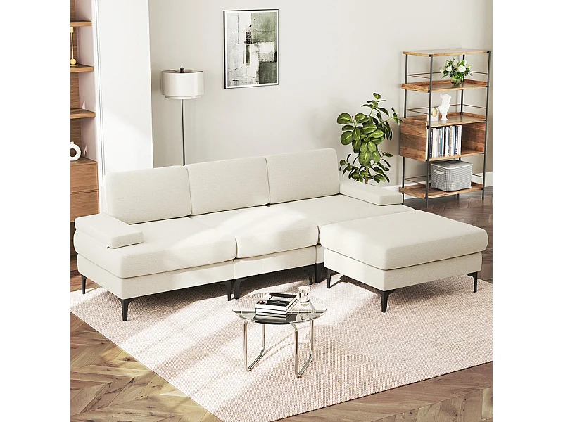 Canapé 3 places d'angle en chenille - avec pouf - charge max 650kg - 244x146x83cm - Beige