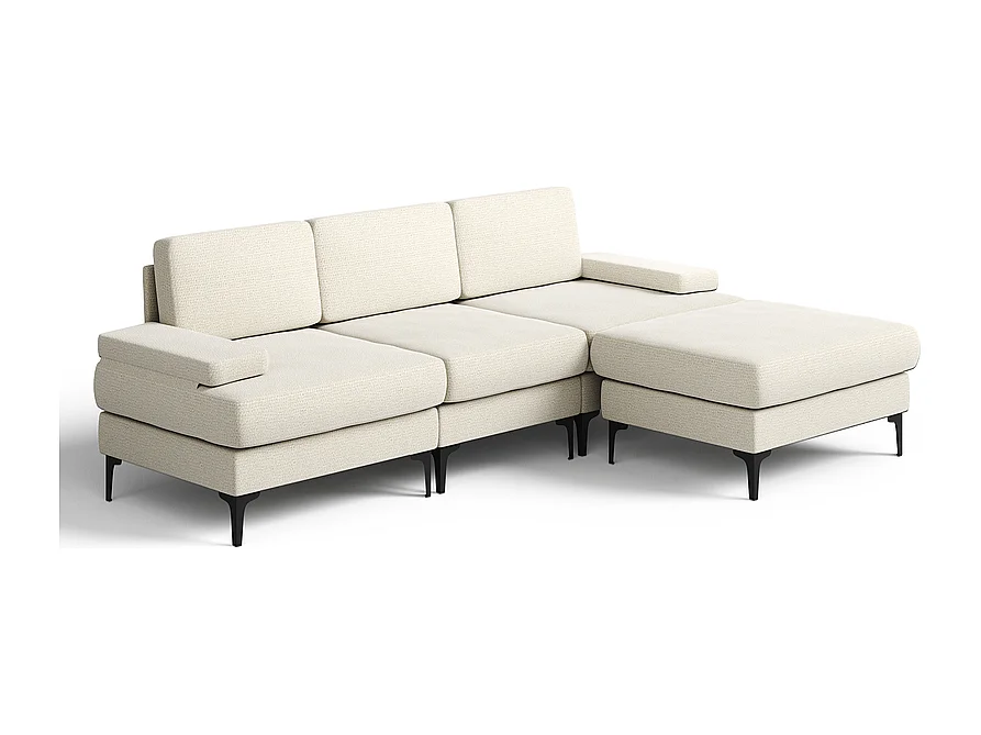 Canapé 3 places d'angle en chenille - avec pouf - charge max 650kg - 244x146x83cm - Beige