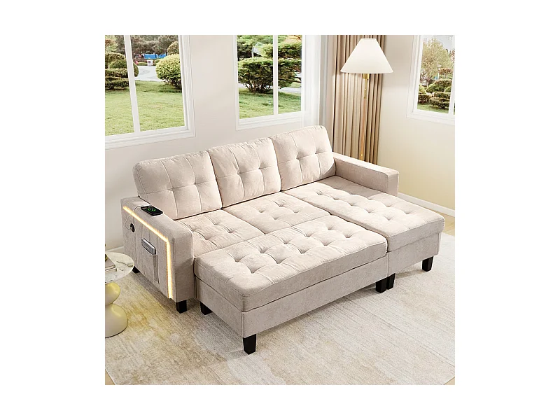 Canapé 3 places d'angle droite convertible - avec pouf, LED et USB - Couchage 156x115 cm - tissu Chenille - Beige