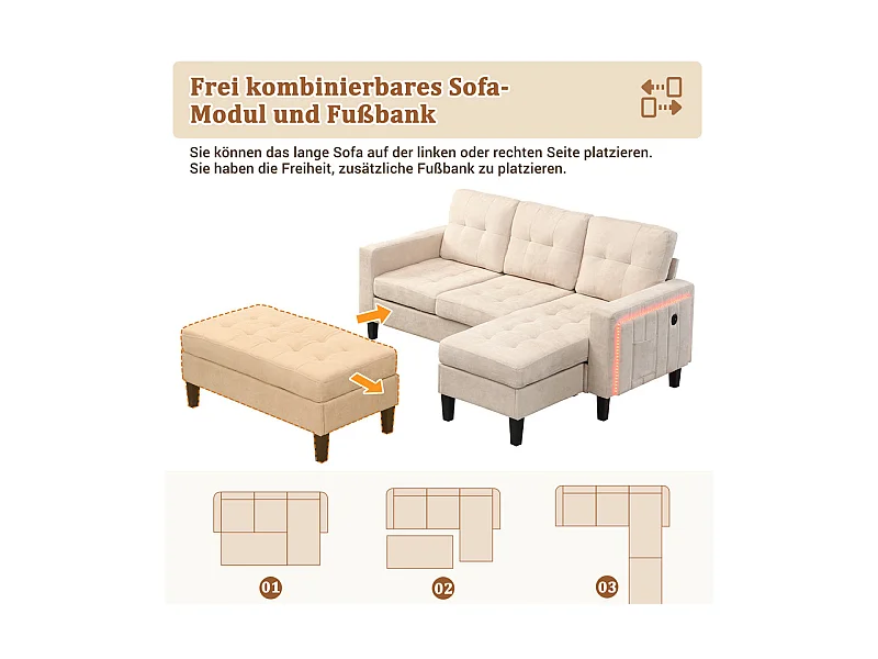 Canapé 3 places d'angle droite convertible - avec pouf, LED et USB - Couchage 156x115 cm - tissu Chenille - Beige