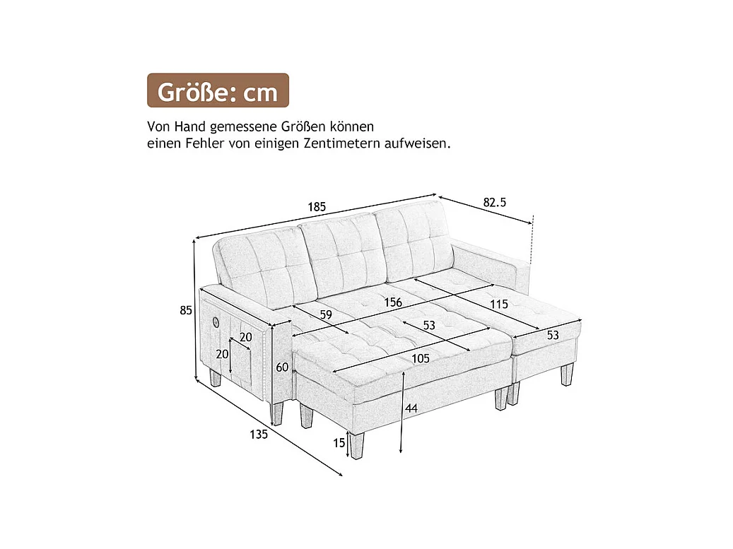 Canapé 3 places d'angle droite convertible - avec pouf, LED et USB - Couchage 156x115 cm - tissu Chenille - Beige