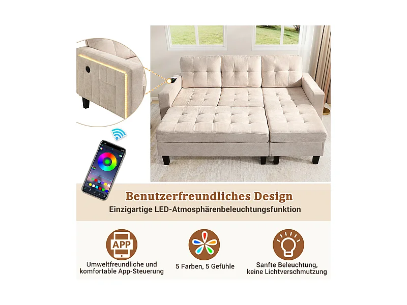 Canapé 3 places d'angle droite convertible - avec pouf, LED et USB - Couchage 156x115 cm - tissu Chenille - Beige
