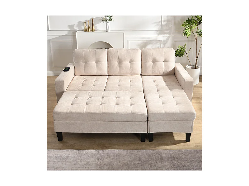 Canapé 3 places d'angle droite convertible - avec pouf, LED et USB - Couchage 156x115 cm - tissu Chenille - Beige
