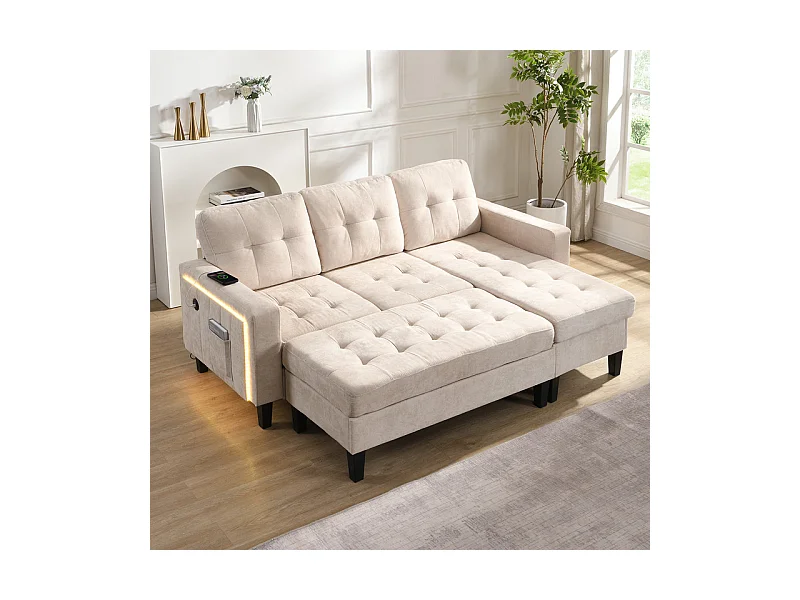 Canapé 3 places d'angle droite convertible - avec pouf, LED et USB - Couchage 156x115 cm - tissu Chenille - Beige
