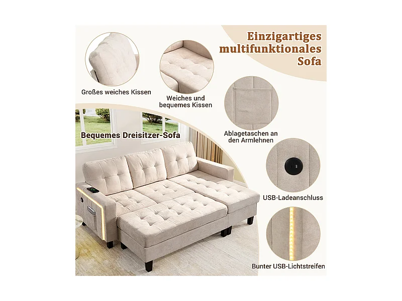 Canapé 3 places d'angle droite convertible - avec pouf, LED et USB - Couchage 156x115 cm - tissu Chenille - Beige