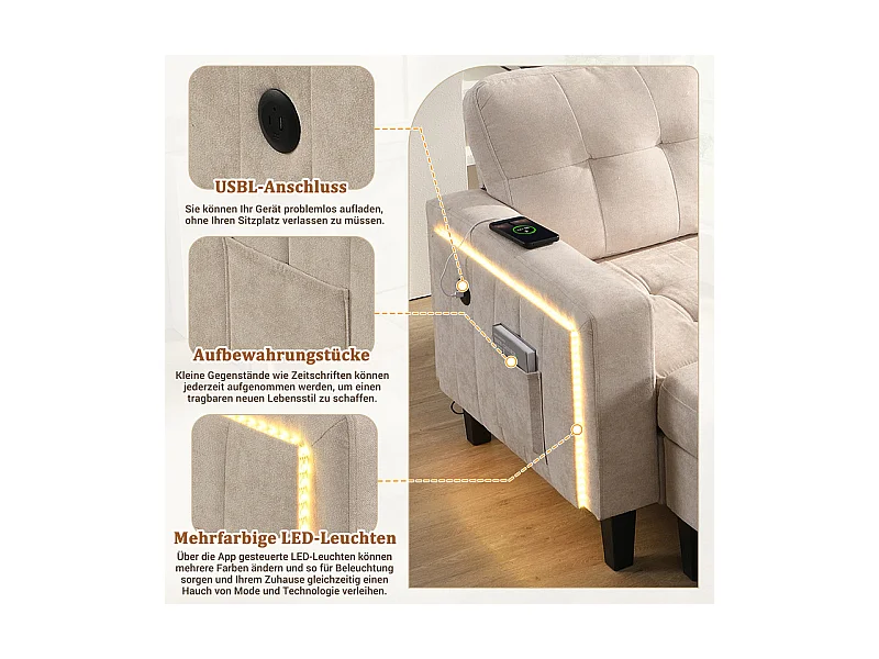 Canapé 3 places d'angle droite convertible - avec pouf, LED et USB - Couchage 156x115 cm - tissu Chenille - Beige