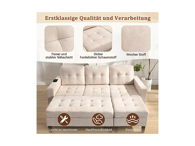Canapé 3 places d'angle droite convertible - avec pouf, LED et USB - Couchage 156x115 cm - tissu Chenille - Beige