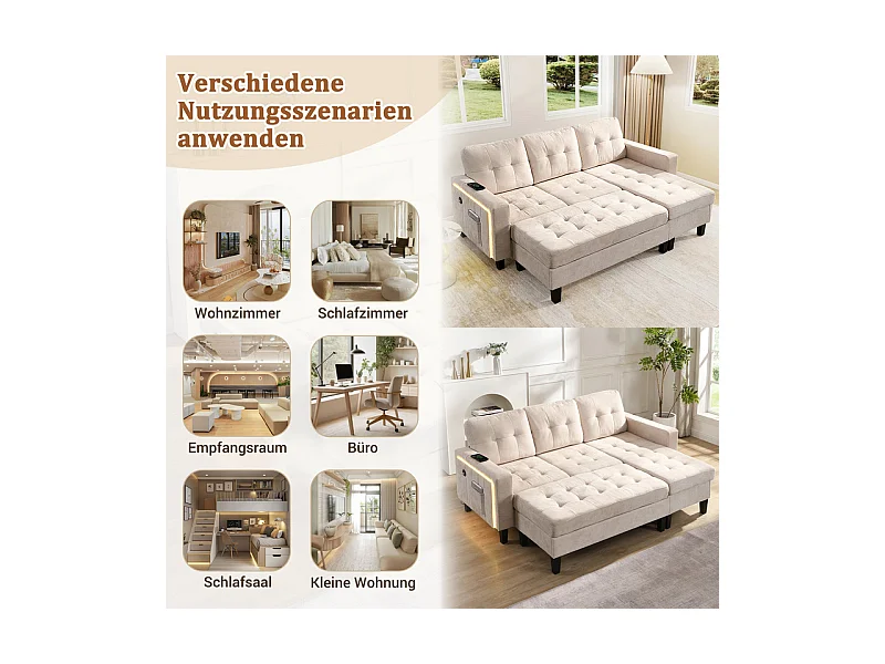 Canapé 3 places d'angle droite convertible - avec pouf, LED et USB - Couchage 156x115 cm - tissu Chenille - Beige