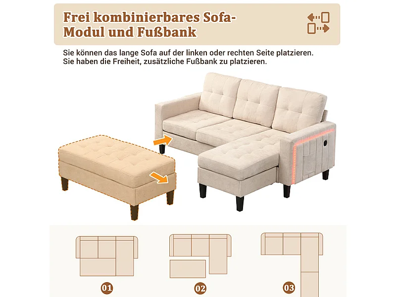 Rechte Hoekbank Convertible 3-zits - met Pouf, LED en USB - Slaapgedeelte 156x115 cm - Chenille Stof - Beige