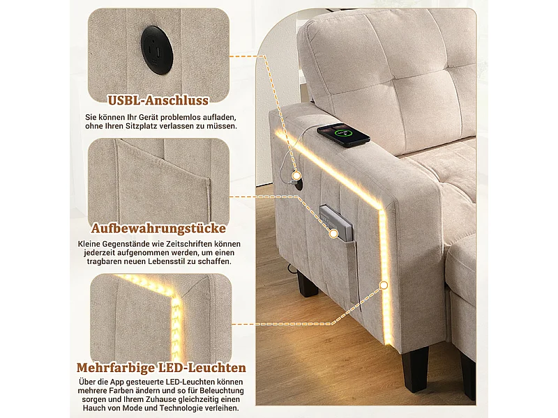 Rechte Hoekbank Convertible 3-zits - met Pouf, LED en USB - Slaapgedeelte 156x115 cm - Chenille Stof - Beige