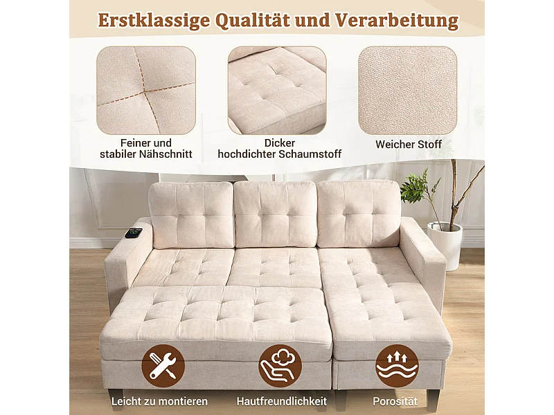 Rechte Hoekbank Convertible 3-zits - met Pouf, LED en USB - Slaapgedeelte 156x115 cm - Chenille Stof - Beige