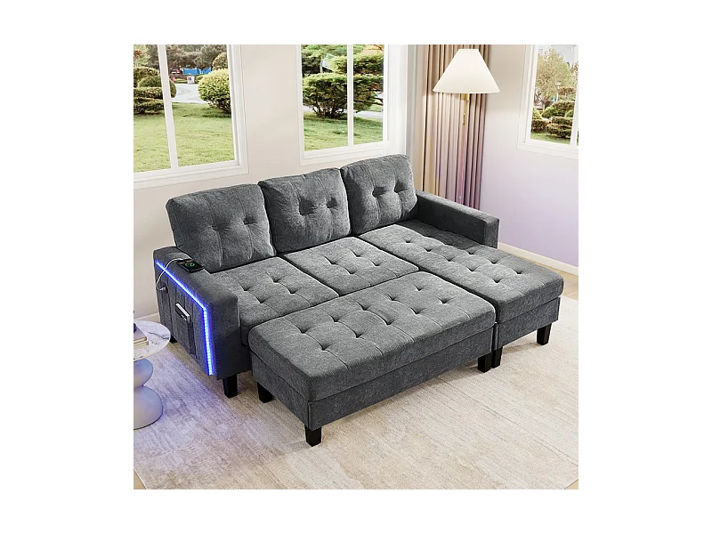 Rechte Hoekbank Convertible 3-zits - met Pouf, LED en USB - Slaapgedeelte 156x115 cm - Chenille Stof - Grijs