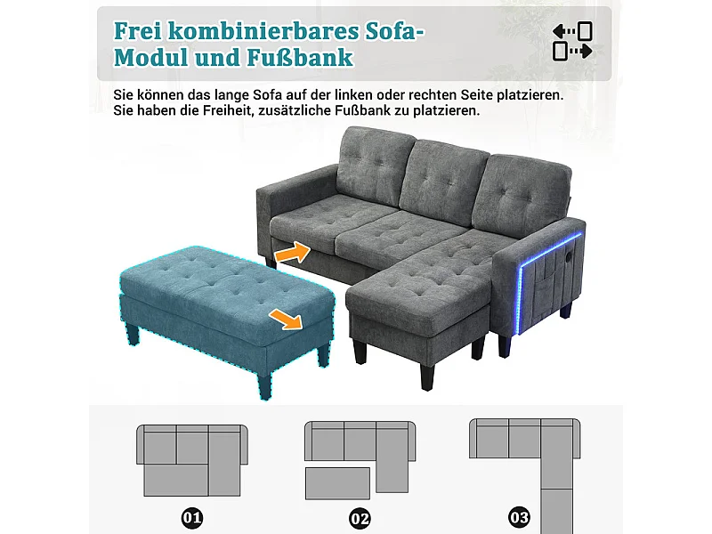 Canapé 3 places d'angle droite convertible - avec pouf, LED et USB - Couchage 156x115 cm - tissu Chenille - Gris