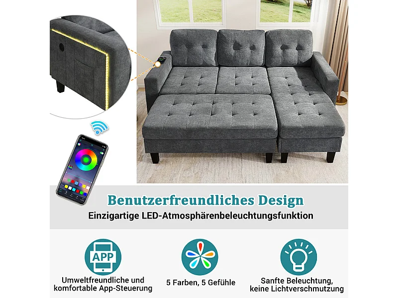 Canapé 3 places d'angle droite convertible - avec pouf, LED et USB - Couchage 156x115 cm - tissu Chenille - Gris