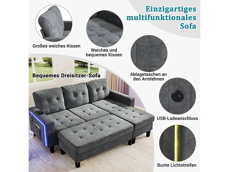 Canapé 3 places d'angle droite convertible - avec pouf, LED et USB - Couchage 156x115 cm - tissu Chenille - Gris