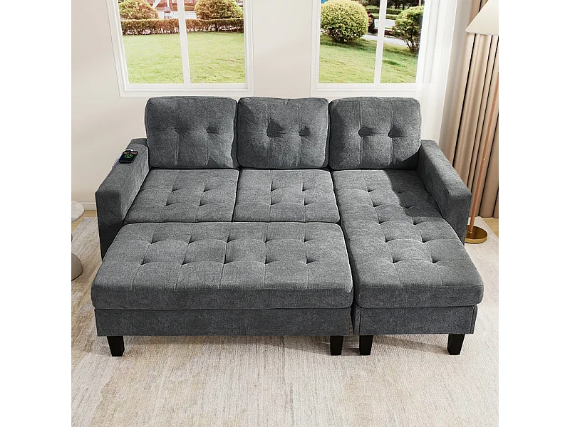 Canapé 3 places d'angle droite convertible - avec pouf, LED et USB - Couchage 156x115 cm - tissu Chenille - Gris