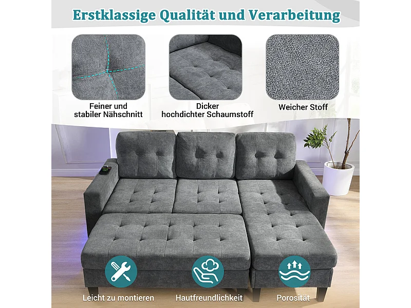 Canapé 3 places d'angle droite convertible - avec pouf, LED et USB - Couchage 156x115 cm - tissu Chenille - Gris