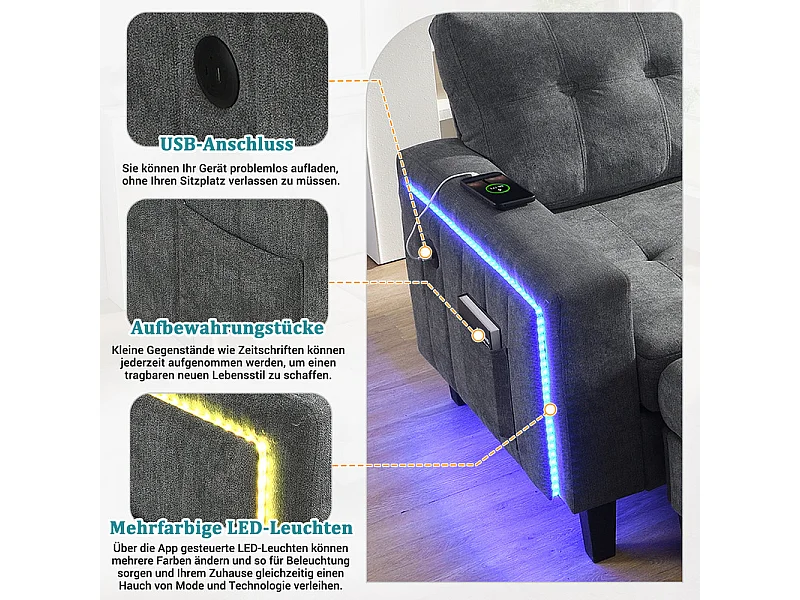 Canapé 3 places d'angle droite convertible - avec pouf, LED et USB - Couchage 156x115 cm - tissu Chenille - Gris