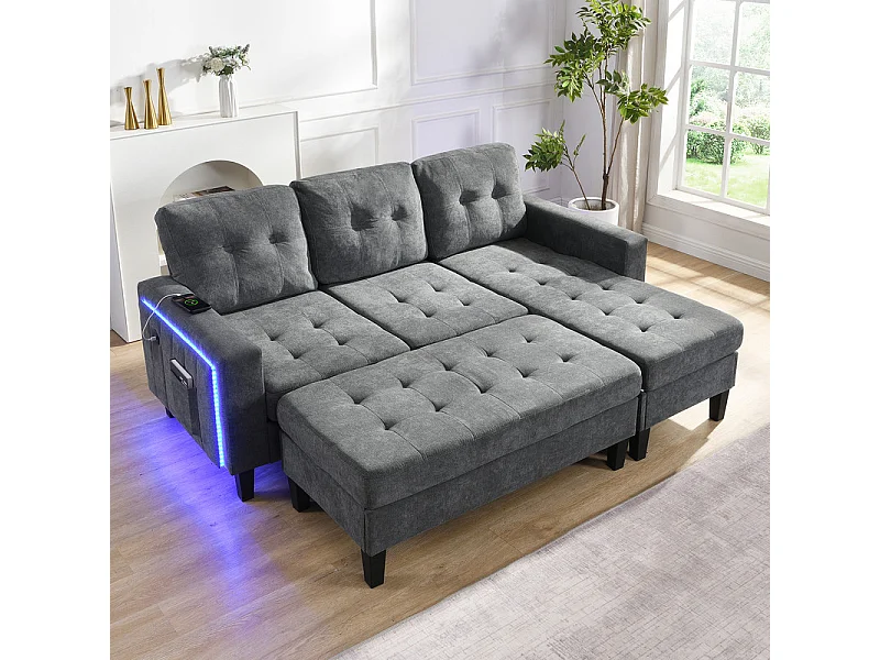 Canapé 3 places d'angle droite convertible - avec pouf, LED et USB - Couchage 156x115 cm - tissu Chenille - Gris
