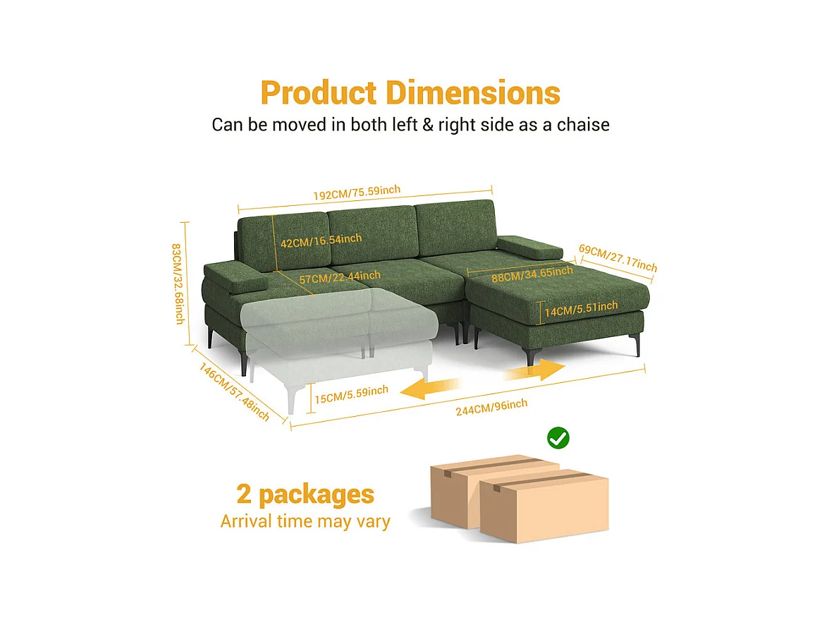 Canapé 3 places d'angle en chenille - avec pouf - charge max 650kg - 244x146x83cm - Vert