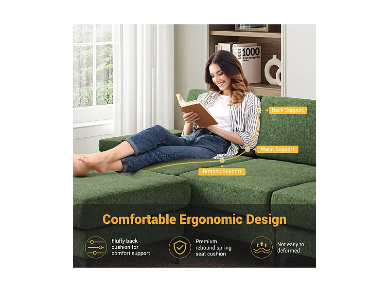 Canapé 3 places d'angle en chenille - avec pouf - charge max 650kg - 244x146x83cm - Vert