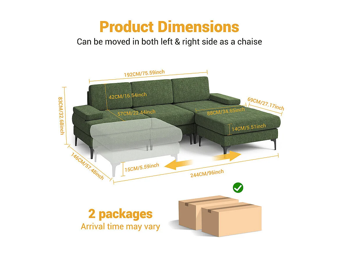 Canapé 3 places d'angle en chenille - avec pouf - charge max 650kg - 244x146x83cm - Vert