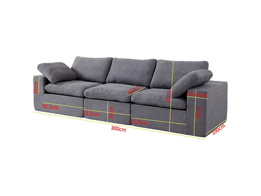 Canapé 3 places modulable en tissu - avec 8 coussins - 62cm assise profonde - 300x100x81cm - Gris