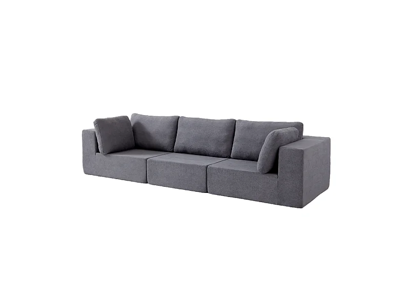 Canapé 3 places modulable en tissu - avec 8 coussins - 62cm assise profonde - 300x100x81cm - Gris