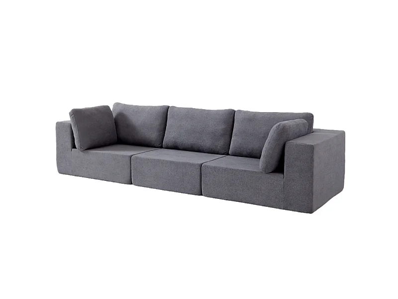 Canapé 3 places modulable en tissu - avec 8 coussins - 62cm assise profonde - 300x100x81cm - Gris