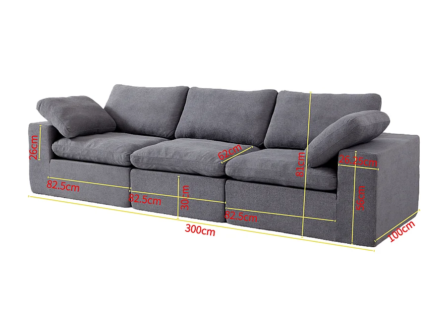Canapé 3 places modulable en tissu - avec 8 coussins - 62cm assise profonde - 300x100x81cm - Gris