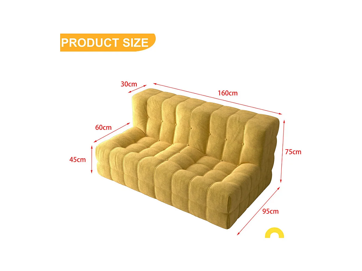 Canapé 2 places en tissu - 60cm assise profonde - ergonomique - charge max 250kg - 162x96x75cm - Jaune