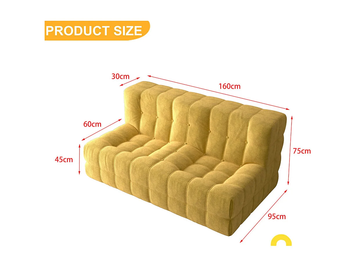 Canapé 2 places en tissu - 60cm assise profonde - ergonomique - charge max 250kg - 162x96x75cm - Jaune