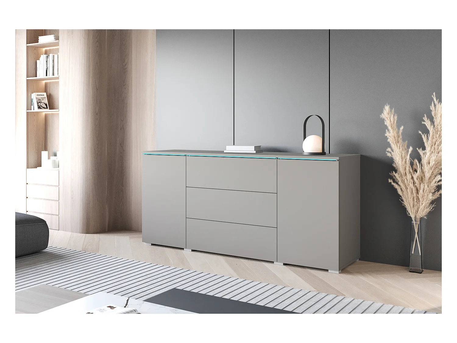 Commode moderne 150 cm avec LED pour salon – finition mate, 3 tiroirs et 2 portes gris pallad