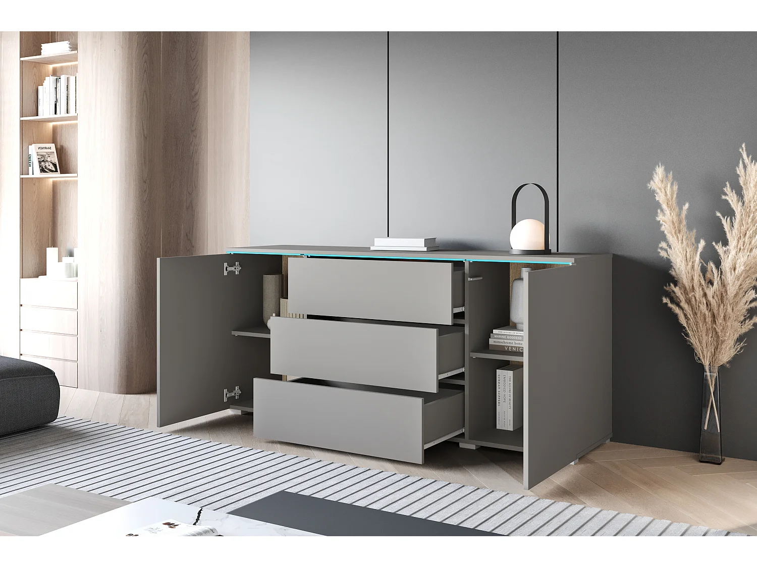 Moderne dressoir 150 cm met LED voor de woonkamer – mat afwerking, 3 lades en 2 deuren grijs pallad