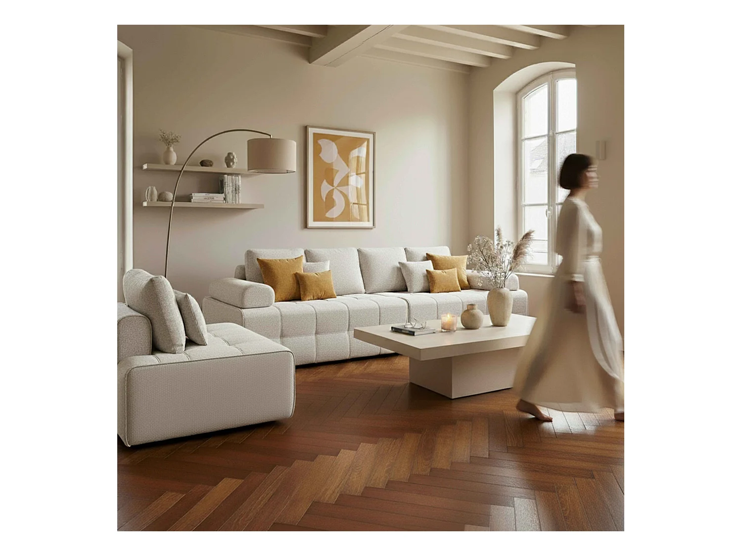 Canapé modulable 5 places en tissu avec coussins écru