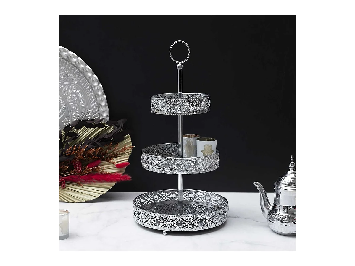 Plateau Décoratif à 3 Etages en Métal Argenté - MARRAKECH