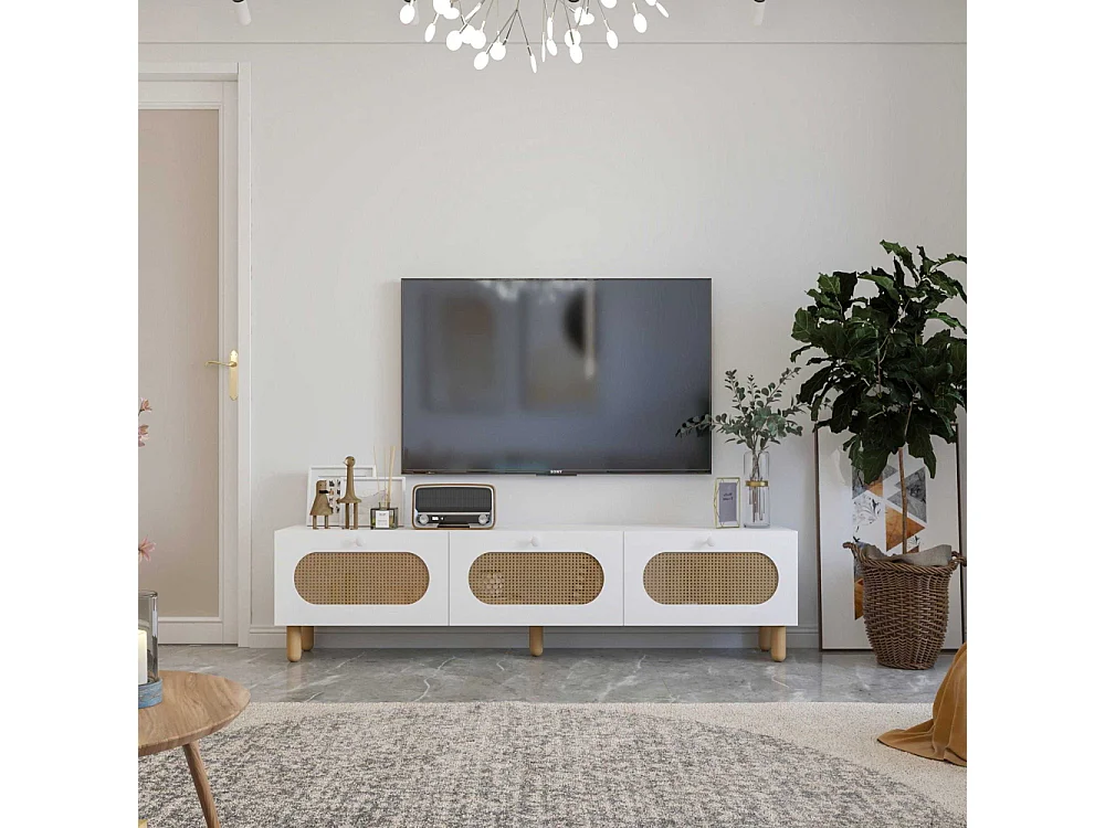 TV-Ständer – 180 cm – Weiß und Rattan – MDF