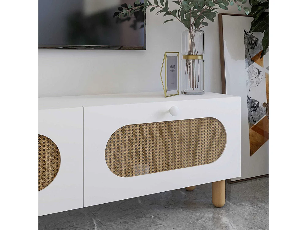 TV-Ständer – 180 cm – Weiß und Rattan – MDF
