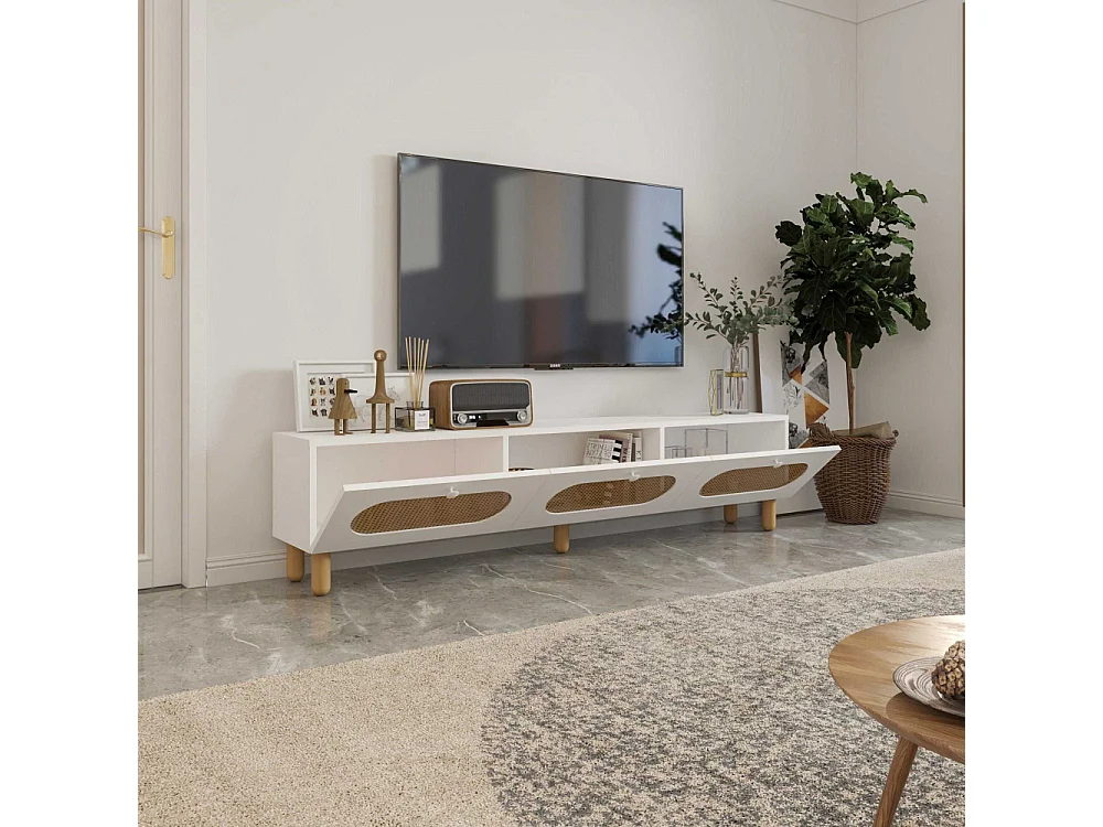 TV-Ständer – 180 cm – Weiß und Rattan – MDF