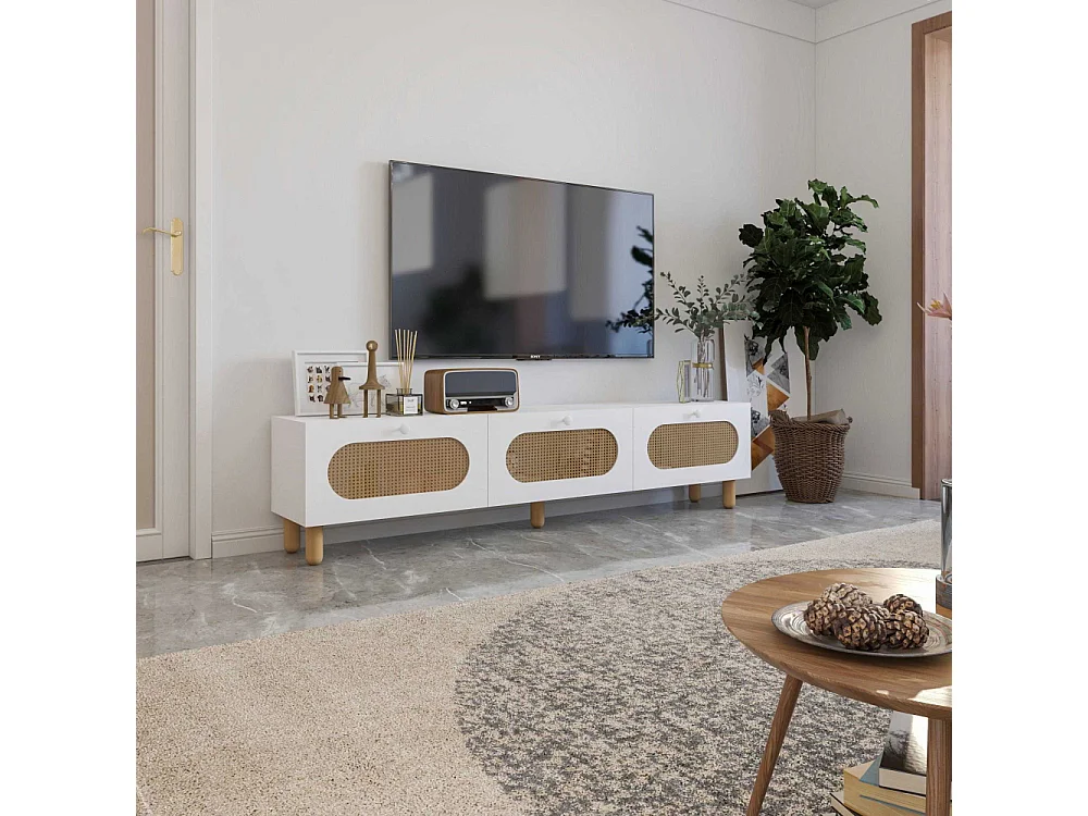 TV-Ständer – 180 cm – Weiß und Rattan – MDF