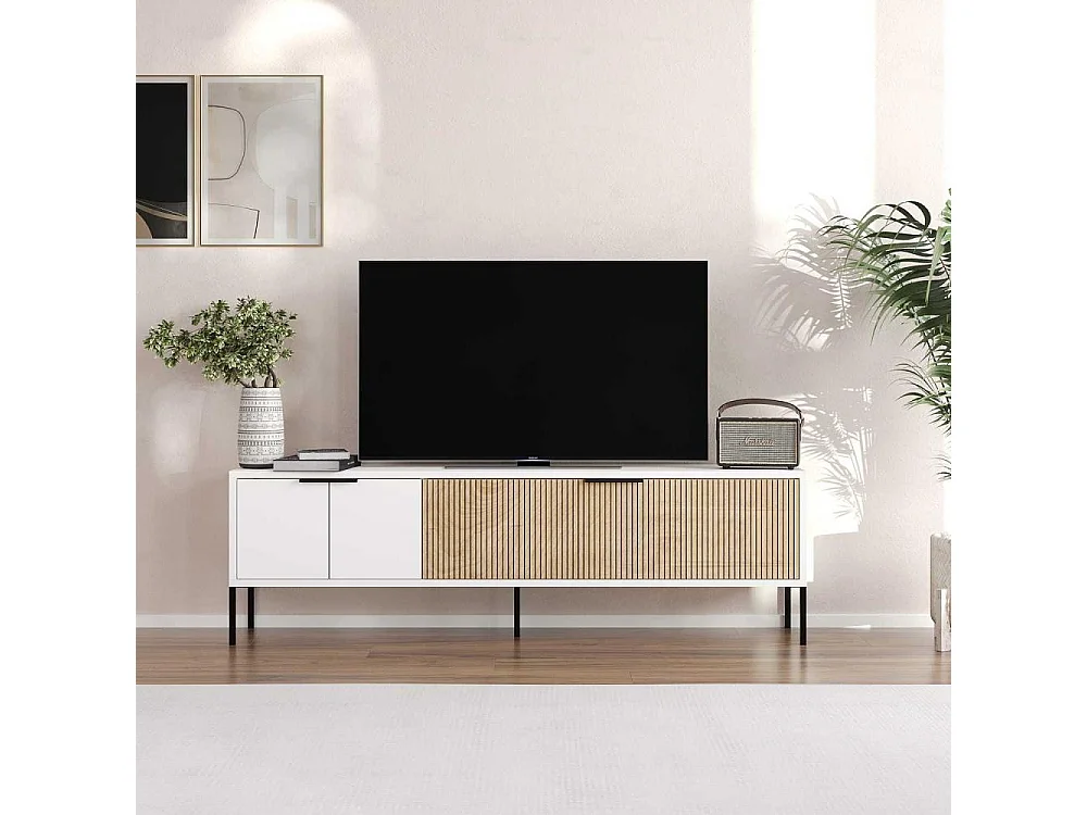 Mueble de TV – 150 cm x 45 cm x 30 cm – Blanco y Ratán – MDF