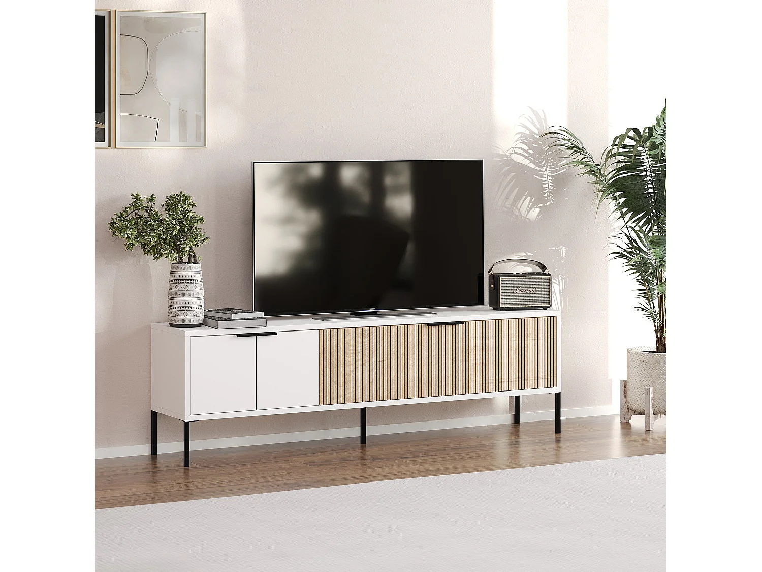Mueble de TV – 150 cm x 45 cm x 30 cm – Blanco y Ratán – MDF