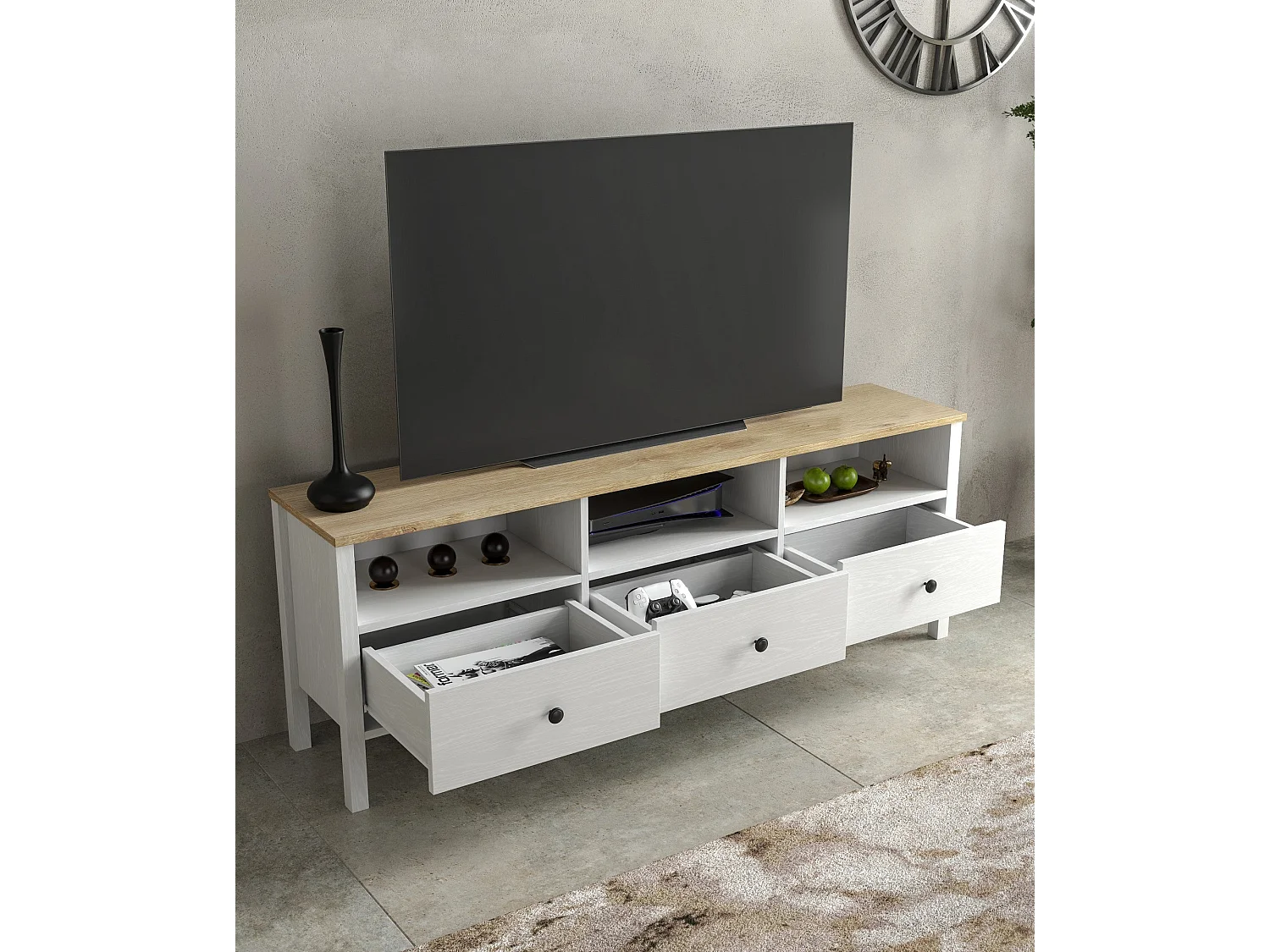Móvel de TV – 160 cm x 58 cm x 35 cm – Branco e madeira – Aglomerado