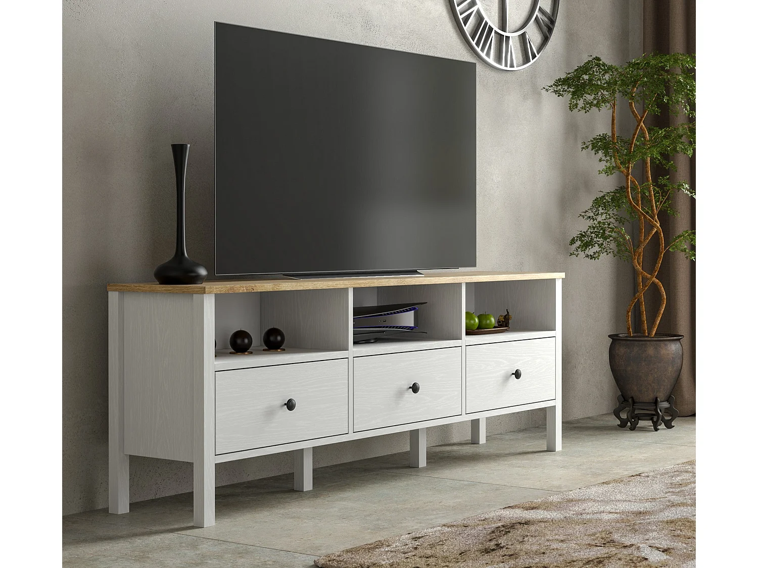 Móvel de TV – 160 cm x 58 cm x 35 cm – Branco e madeira – Aglomerado