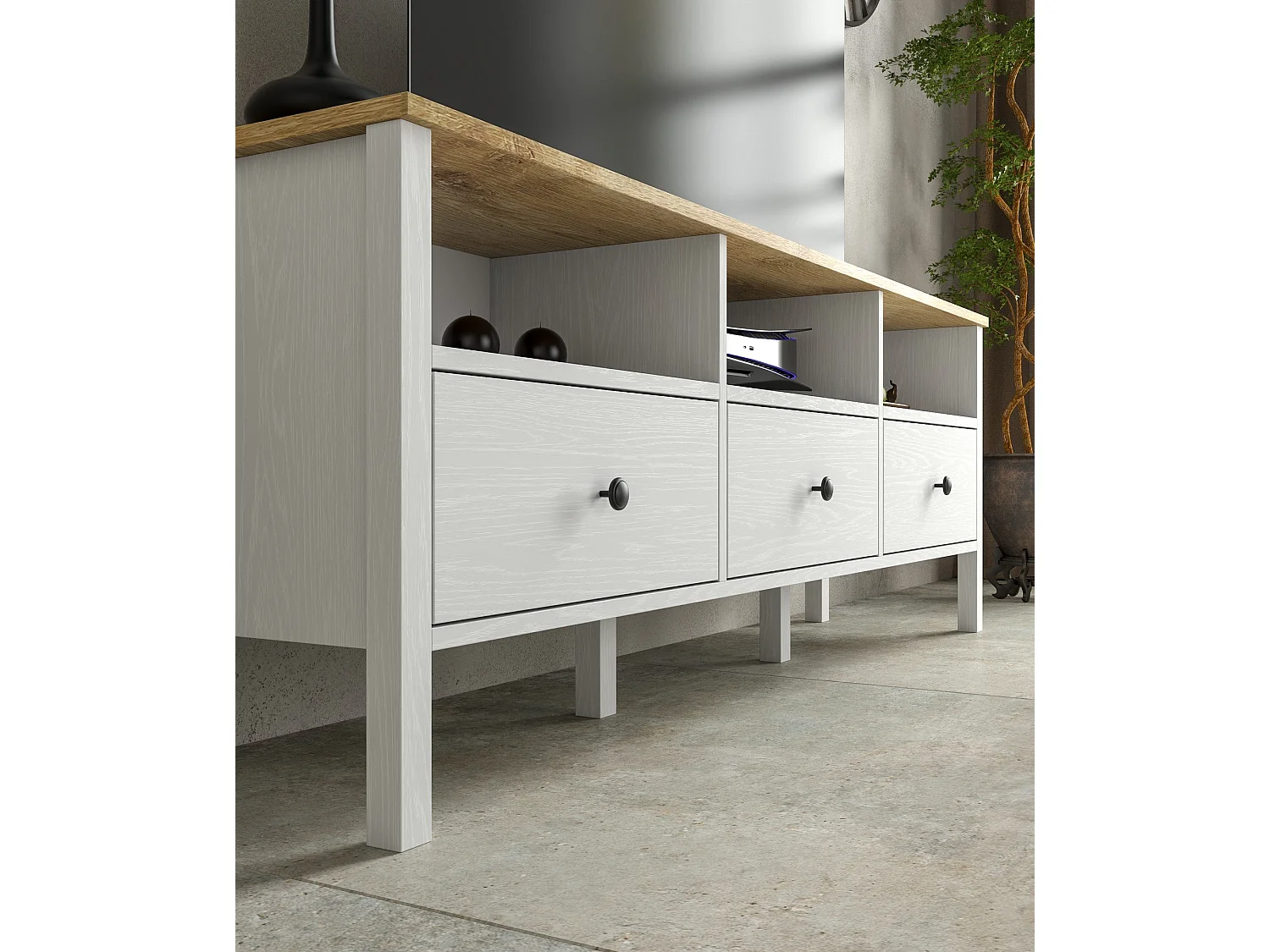 Móvel de TV – 160 cm x 58 cm x 35 cm – Branco e madeira – Aglomerado