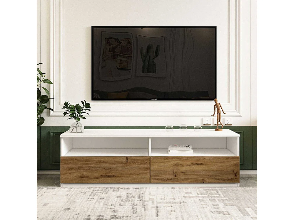 TV-Ständer – 144 cm x 49,8 cm x 45 cm – Weiß und Natur – MDF