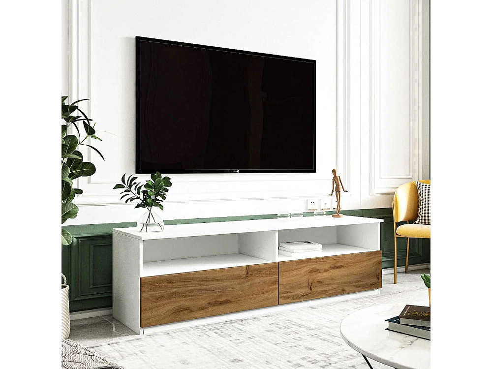 TV-Ständer – 144 cm x 49,8 cm x 45 cm – Weiß und Natur – MDF