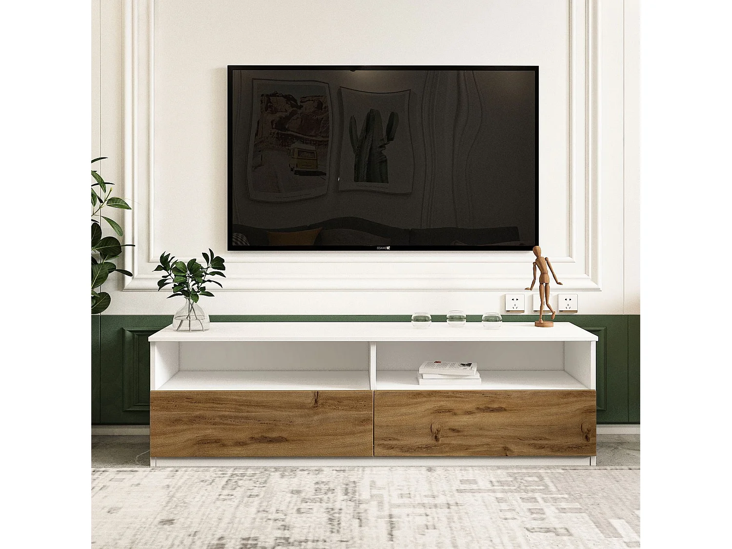 TV-Ständer – 144 cm x 49,8 cm x 45 cm – Weiß und Natur – MDF