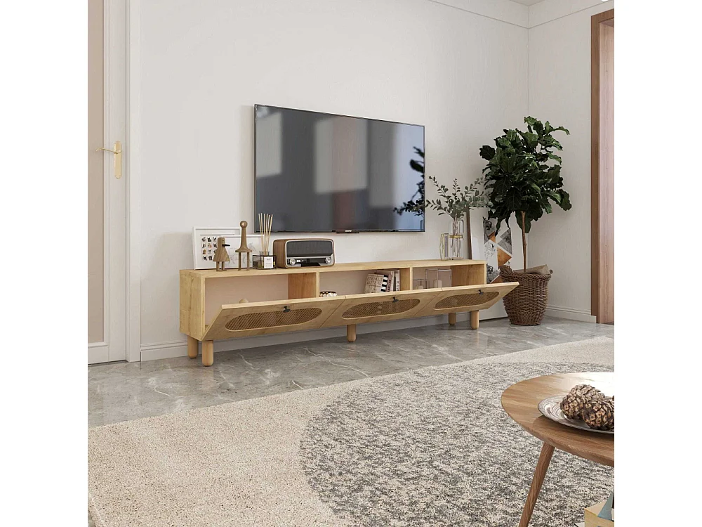 TV-Ständer – 180 cm – Saphir-Eiche und Rattan – MDF
